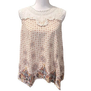Roz And Ali Lace Trim Sleeveless Tank Boho Print Handkerchief Hem Size Medium
